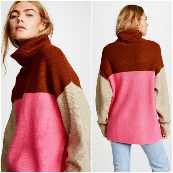 𝅺Free People Pink & Brown Oversized Colorblock Turtleneck Sweater / Pullover - Picture 10 of 13